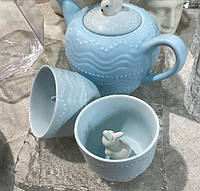 Набор чайный керамический 2 персоны Кролик голубой (чайник и 2 чашки)