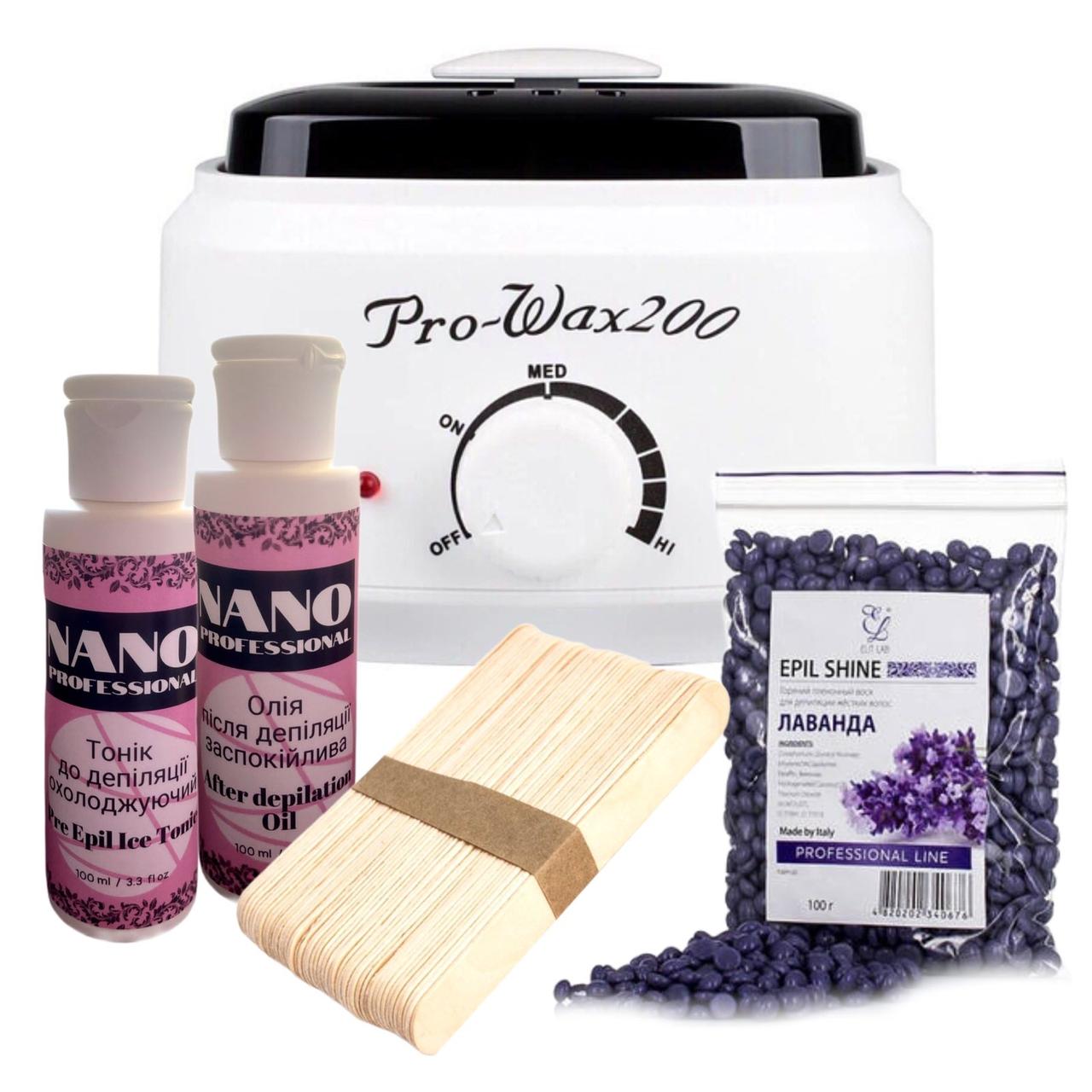 Набір для депіляції з банковим воскоплавом Pro Wax 200 і засобами (олія, тонік) Nano Professional, фото 1
