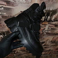 Ботинки женские чёрные шнурок на тракторной подошве зимние кожаные ILONA код-(95/561)
