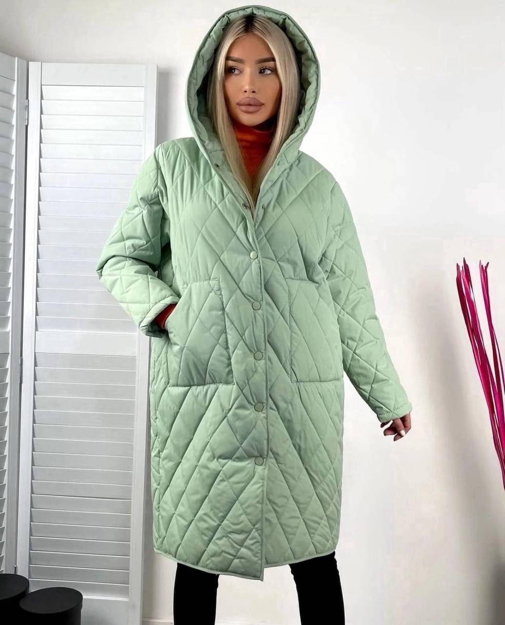 Подовжена жіноча стьобана куртка фісташкова  ⁇  42,44,46 розміри