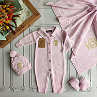 В'язаний набір для новонароджених Versace, комплект на виписку у подарунковій коробці Рожевий