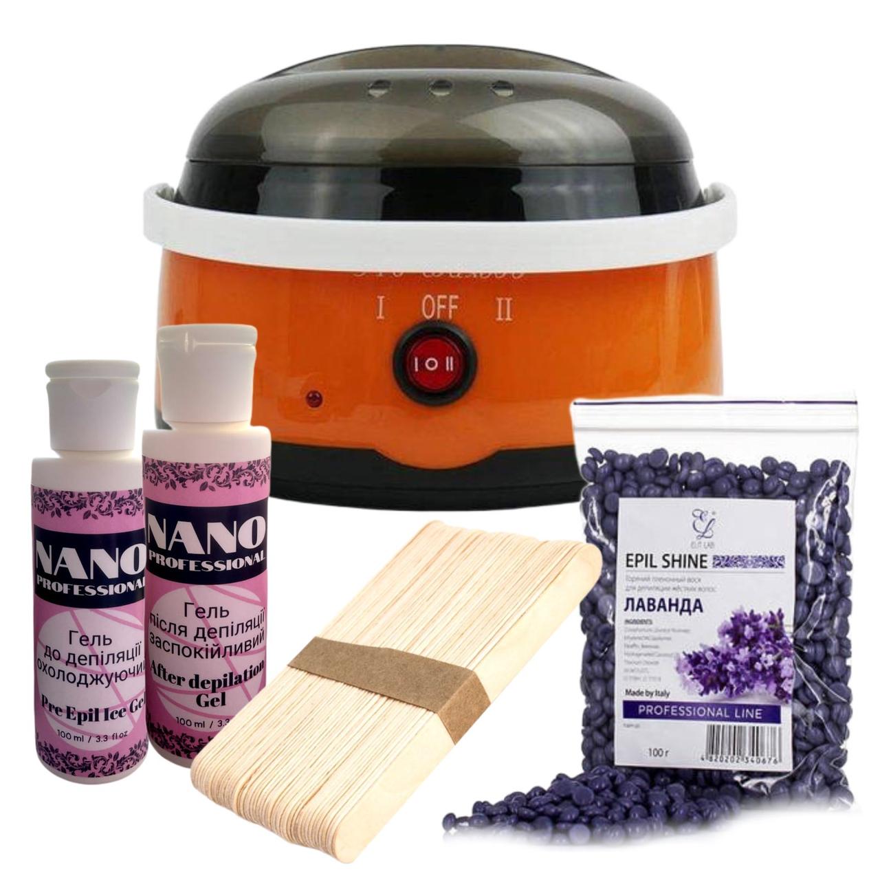 Набір для депіляції з банковим воскоплавом Pro Wax 500 Orange та гелями до/після депіляції Nano Professional