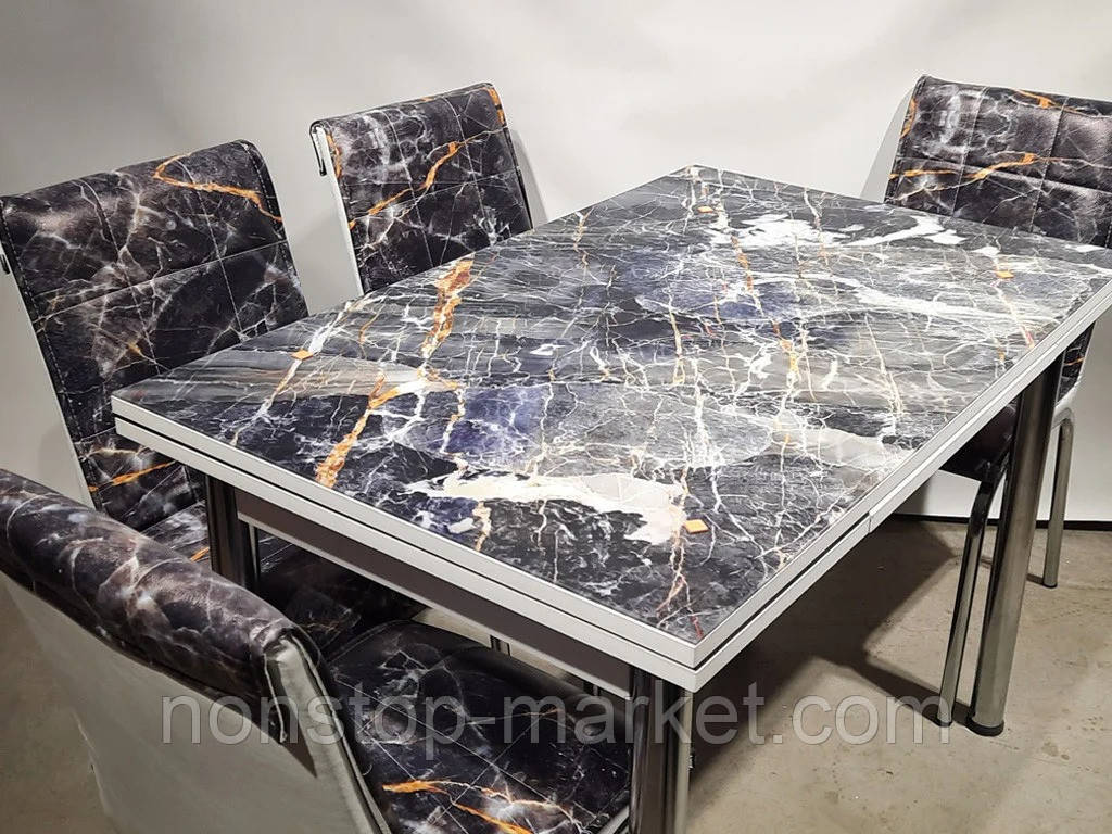 Раскладной комплект кухонный серый стол и стулья "Серый камень гранит мрамор" ДСП стекло 70*110 Mobilgen - фото 1 - id-p1683462587