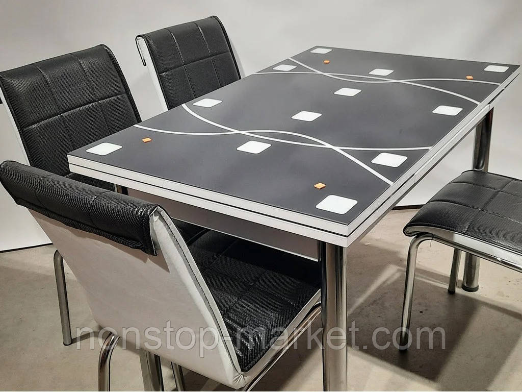 Раскладной стол обеденный кухонный комплект стол и стулья 3D "Квадраты на чёрном фоне" стекло 70*110 Mobilgen - фото 2 - id-p1683475484