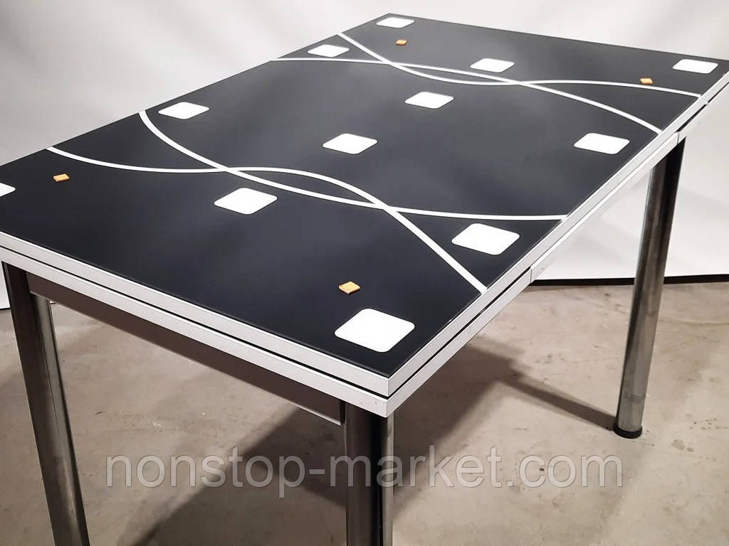 Раскладной стол обеденный кухонный комплект стол и стулья 3D "Квадраты на чёрном фоне" стекло 70*110 Mobilgen - фото 4 - id-p1683475484
