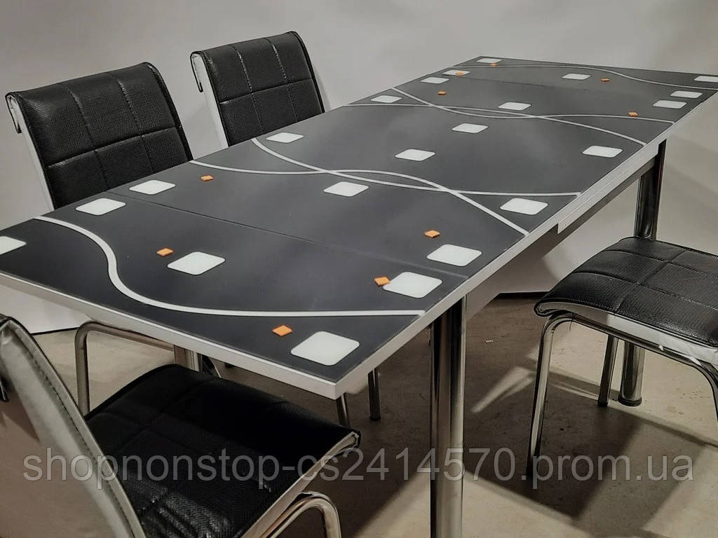Раскладной стол обеденный кухонный комплект стол и стулья 3D "Квадраты на чёрном фоне" стекло 70*110 Mobilgen - фото 5 - id-p1683475484