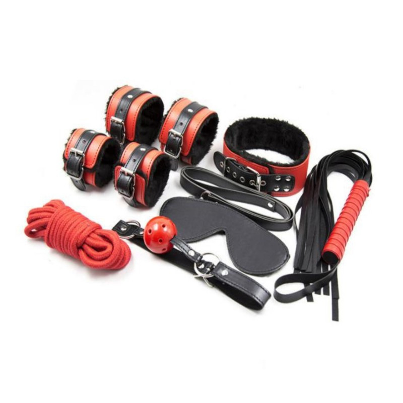 Набір для БДСМ-ігор: Наручники і наножники, батіг, нашийник з повідцем, маска на очі, мотузка, кляп з кулькою, фото 1