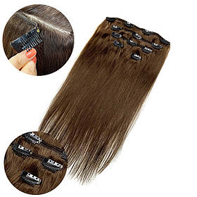 Натуральне волосся на заколках, треси 5 пасм у наборі: колір 4 каштановий