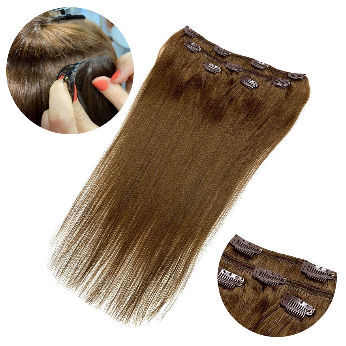 Натуральне волосся на заколках, треси 4 пасма в наборі: колір 8 каштановий, фото 1