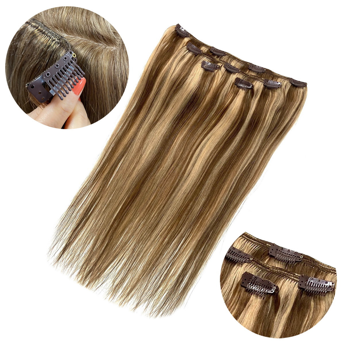 Натуральне волосся на заколках, треси 4 пасма в наборі: колір 8-24 русявий мелірування, фото 1