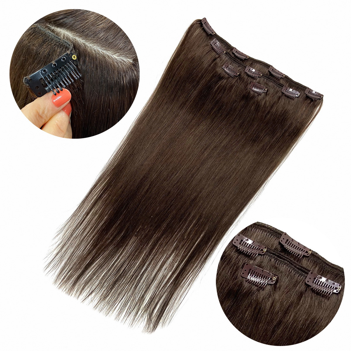 Натуральне волосся на заколках, треси 4 пасма в наборі: колір 9 темний каштан, фото 1