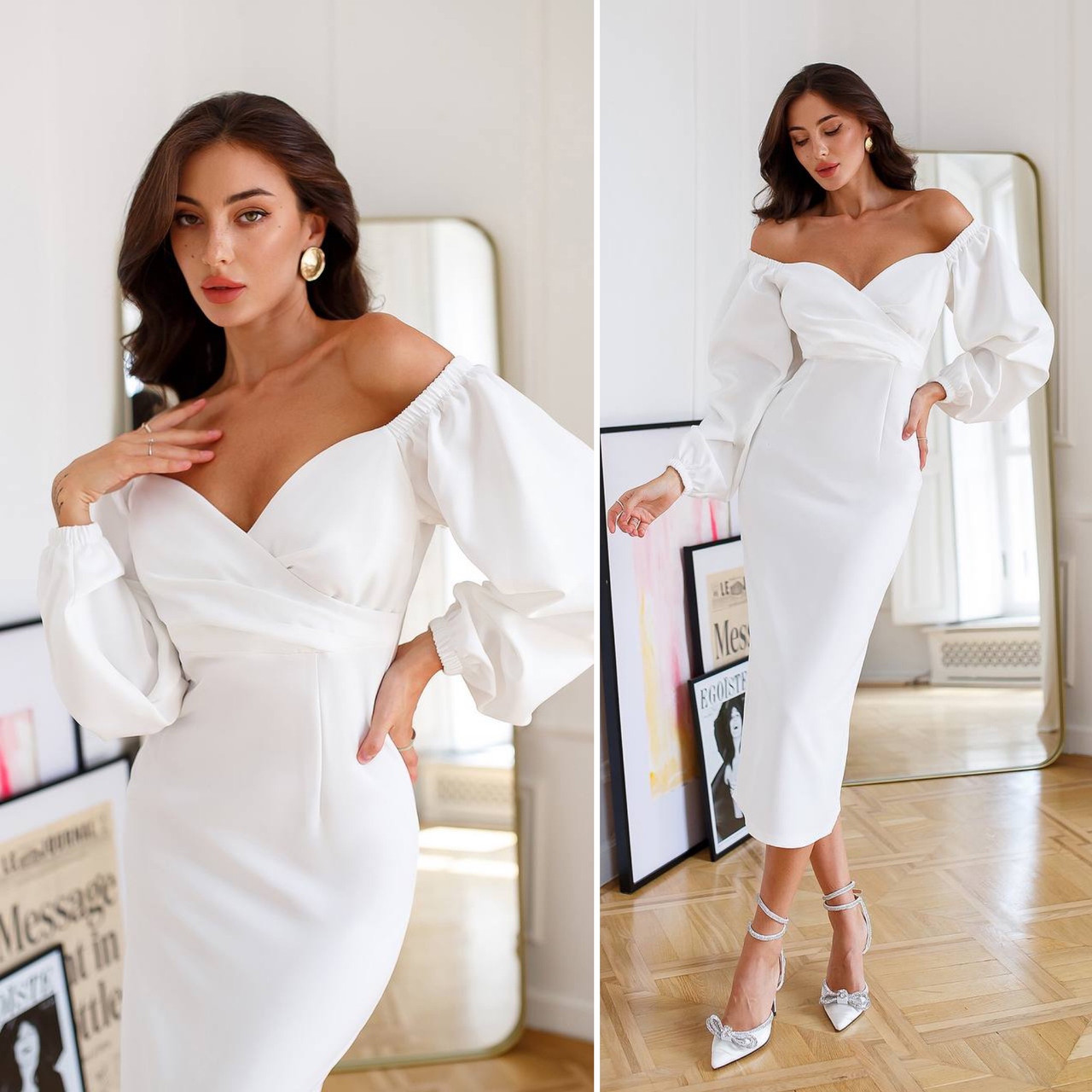 Женское облегающее платье с пышными рукавами миди Люкс молоко (разные ...