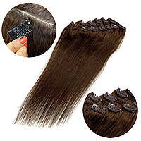 Натуральные волосы на заколках, трессы 6 прядей в наборе: цвет 4 горький шоколад