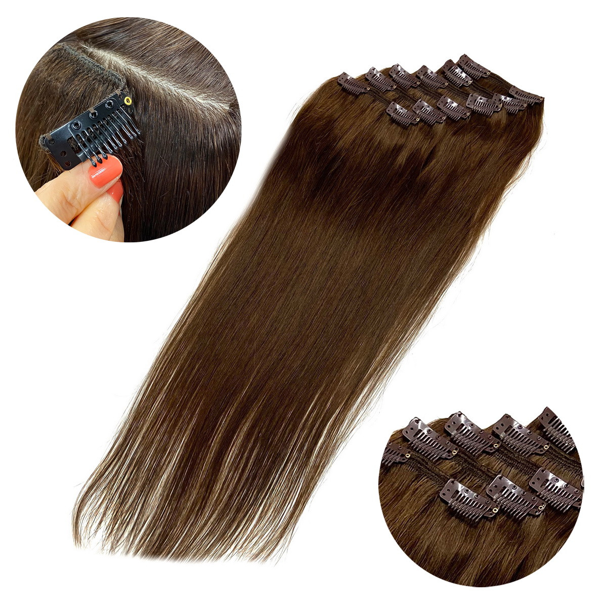 Натуральне волосся на заколках, треси 6 пасм у наборі: колір 5 шоколад, фото 1