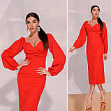 Жіноче обтисле плаття з пишними рукавами міді Люкс червоне (різні кольори) ХС С М Л, фото 3