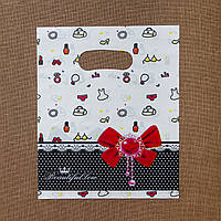 Пакет поліетиленовий подарунковий біло-чорний із червоним бантиком ручка банан розмір 25х20 см упаковка 100 шт.