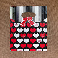 Пакет поліетиленовий подарунковий двоколірний із сердечками For You ручка банан розмір 25х20 см упаковка 100 шт.