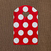 Пакет поліетиленовий подарунковий червоний у білий горошок ручка серце розмір 21х13 см паковання 50 штук