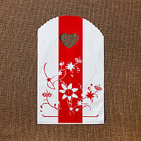 Пакет поліетиленовий подарунковий двоколірний із квіточками ручка серце розмір 21х13 см паковання 50 штук