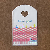 Пакет поліетиленовий подарунковий білий у горошок I Love You ручка серце розмір 21х13 см паковання 50 шт.