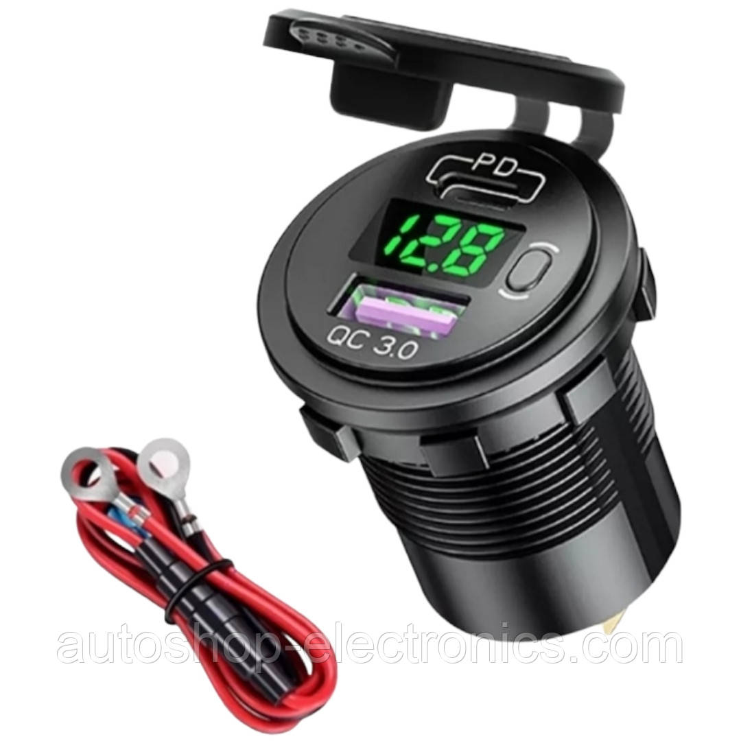 Адаптер живлення Type C PD QC 3.0 (12В - 32В) + ВОЛЬТМЕТР / Швидка зарядка USB / Автомобільний зарядний пристрій, фото 1