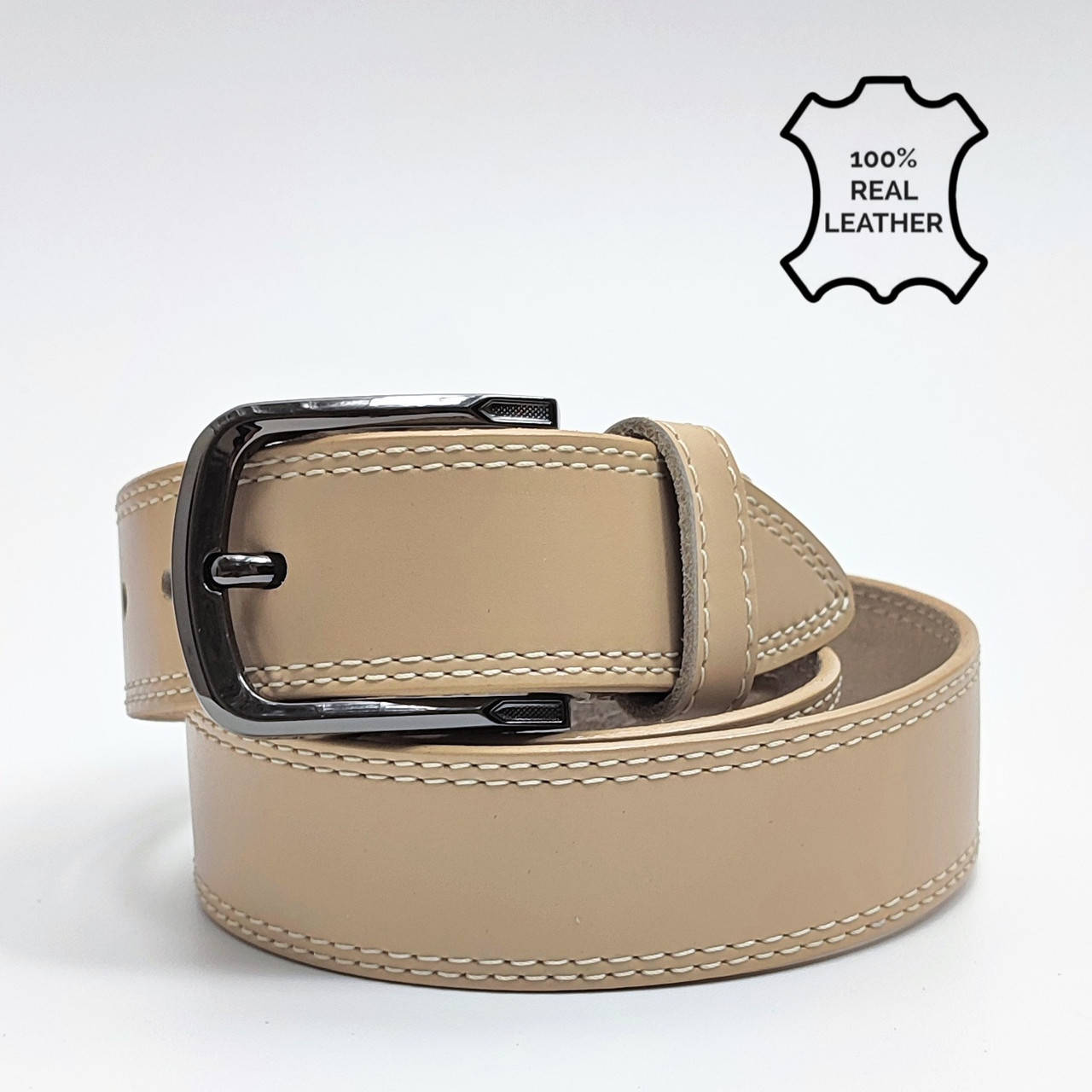 

Бежевый универсальный кожаный ремень с двойной строчкой