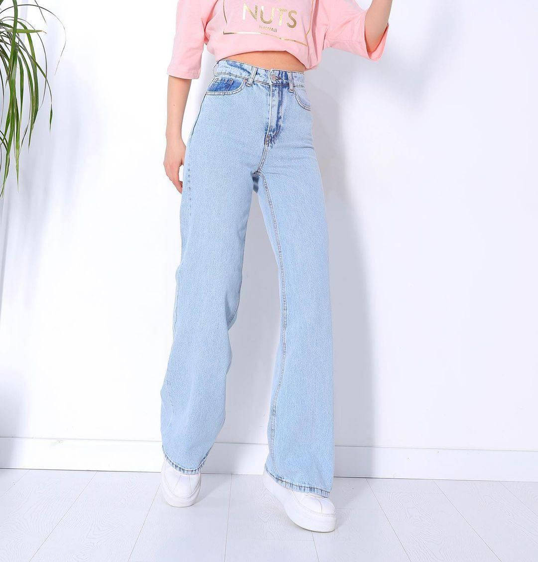 

Голубые женские джинсы палаццо с высокой талией, джинсы клеш, трубы Турция