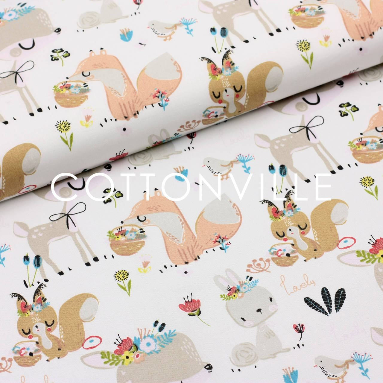 

Бязь Зверята с цветочными корзинками, Разные цвета