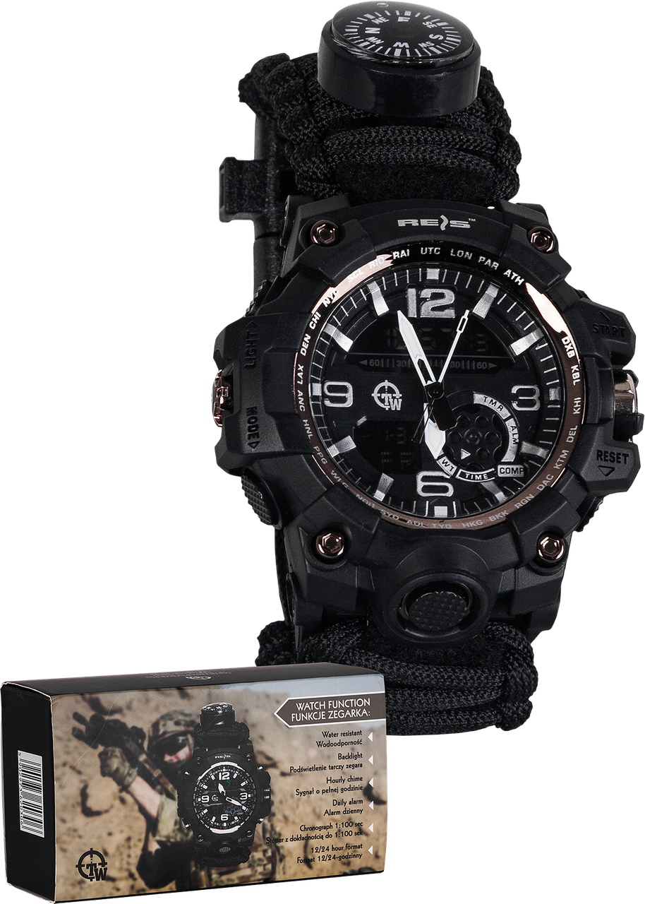 

Часы с компасом, термометром, свистком, скребком TACTICAL-WATCH REIS, Черный