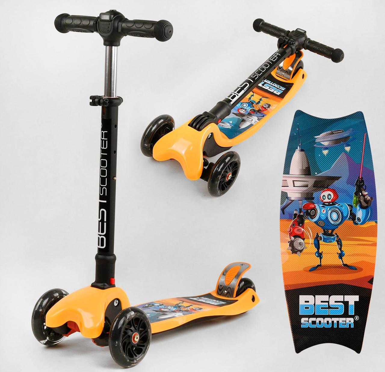 

Самокат трехколесный Best ScooterMAXI, руль с фарой, 4 колеса PU со светом, d=12 см, в коробке, Оранжевый