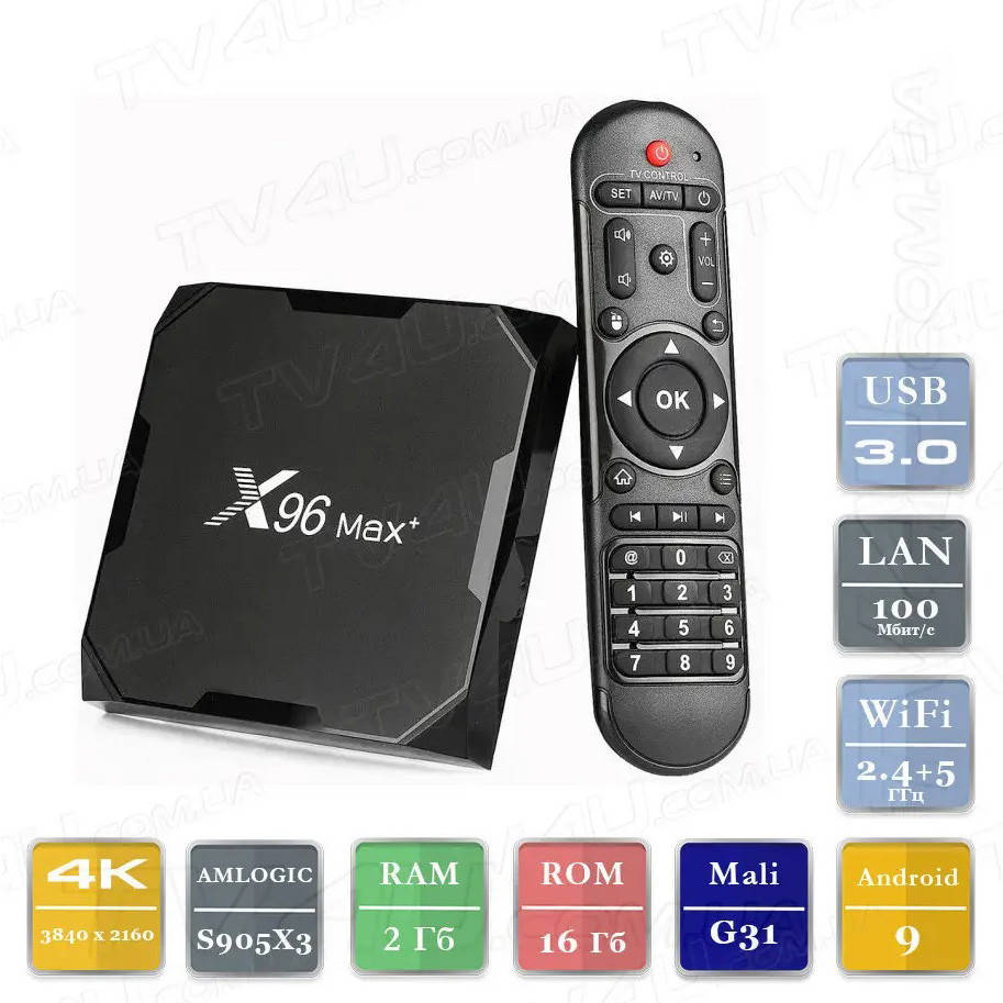 

Смарт ТВ приставка X96 Max Plus (Max+) 2/16 Гб Wifi 2.4+5 ГГц Smart TV Box Андроид ТВ бокс