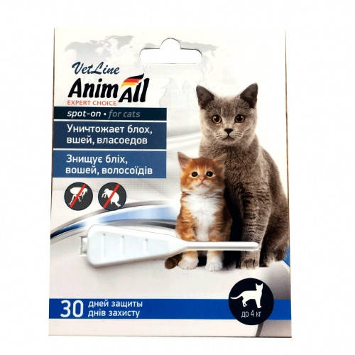 

Капли спот-он AnimAll ВетЛайн от блох и клещей для кошек 4кг (0,5мл)
