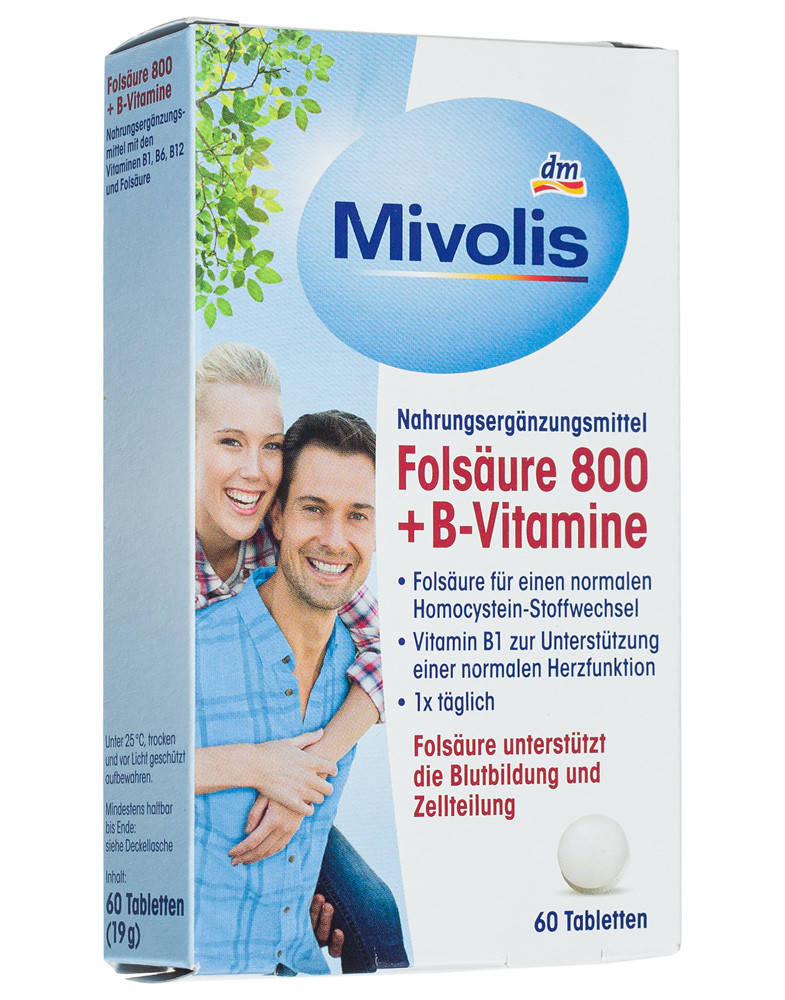 

Mivolis Folsäure 800 + B-Vitamine (60 шт). фолиевая кислота 800 + витамины В1, В6, В12​