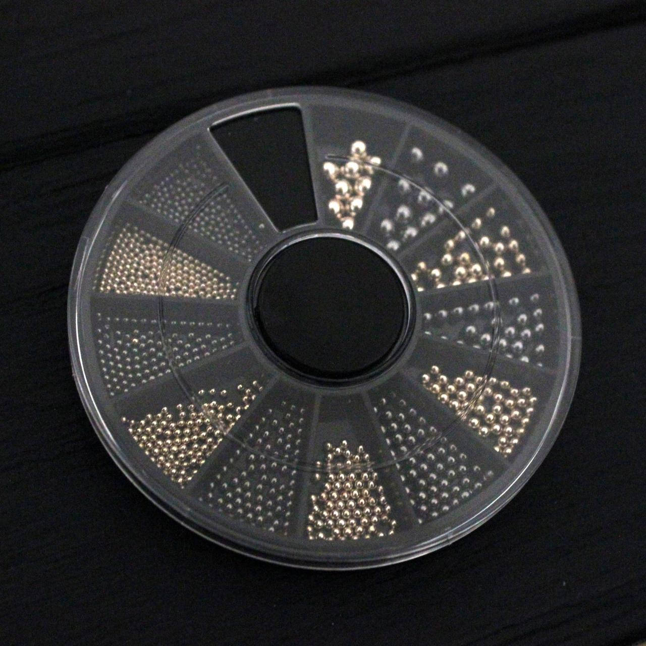 

Бульонки металлические в карусельке 12 в 1,микс 6 размеров, 2 цвета – черный жемчуг и шампань