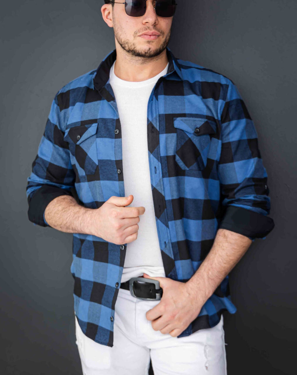 

Мужская утепленная клетчатая рубашка с длинным рукавом S, M, L, XL, XXL, Синий