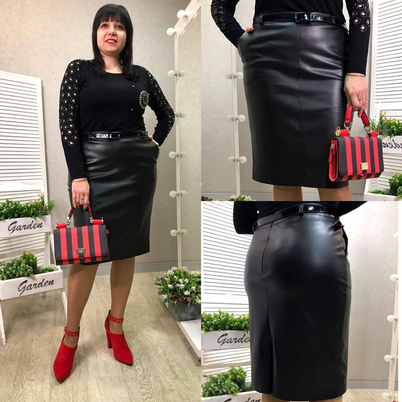 

Женская юбка из эко-кожи миди черная, Черный