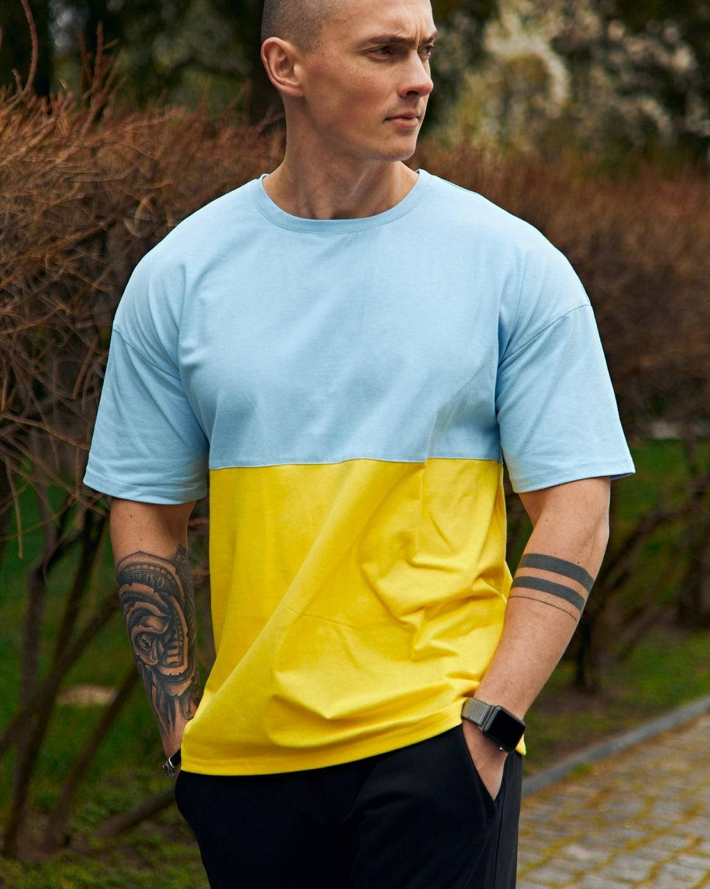 

Футболка мужская оверсайз желто-синяя хлопковая, Желто-синий