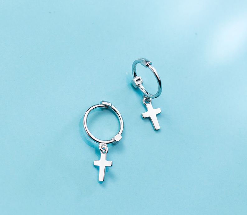 

Серьги-кольца Крестики маленькие серебряные, серьги Кресты унисекс, серебро 925 пробы