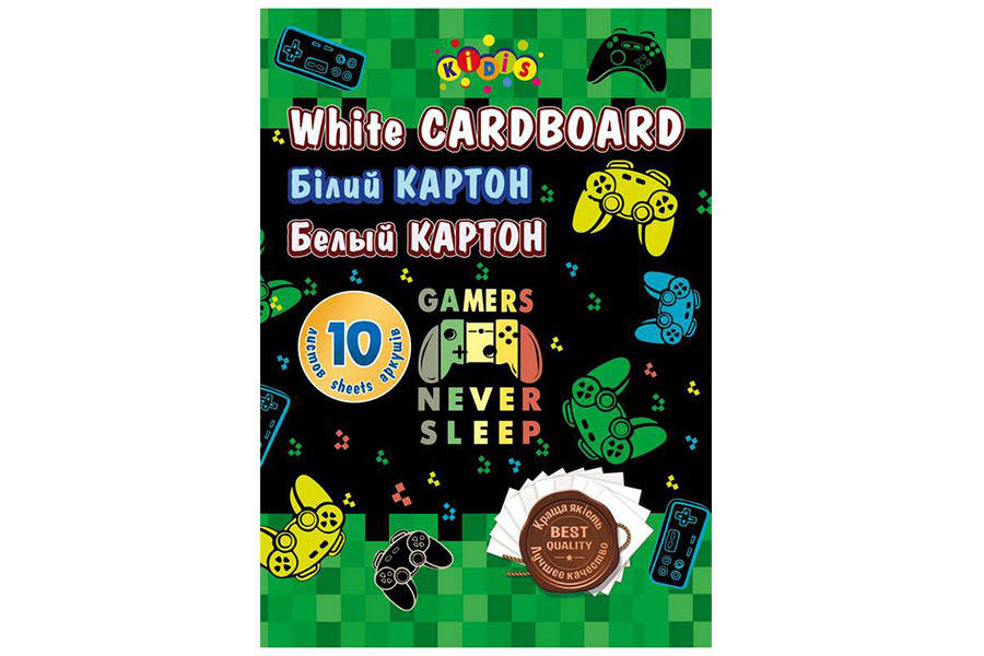 

Картон білий А4 10 аркушів, 220 г/м2, Kidis Gamers never sleep 25шт/уп
