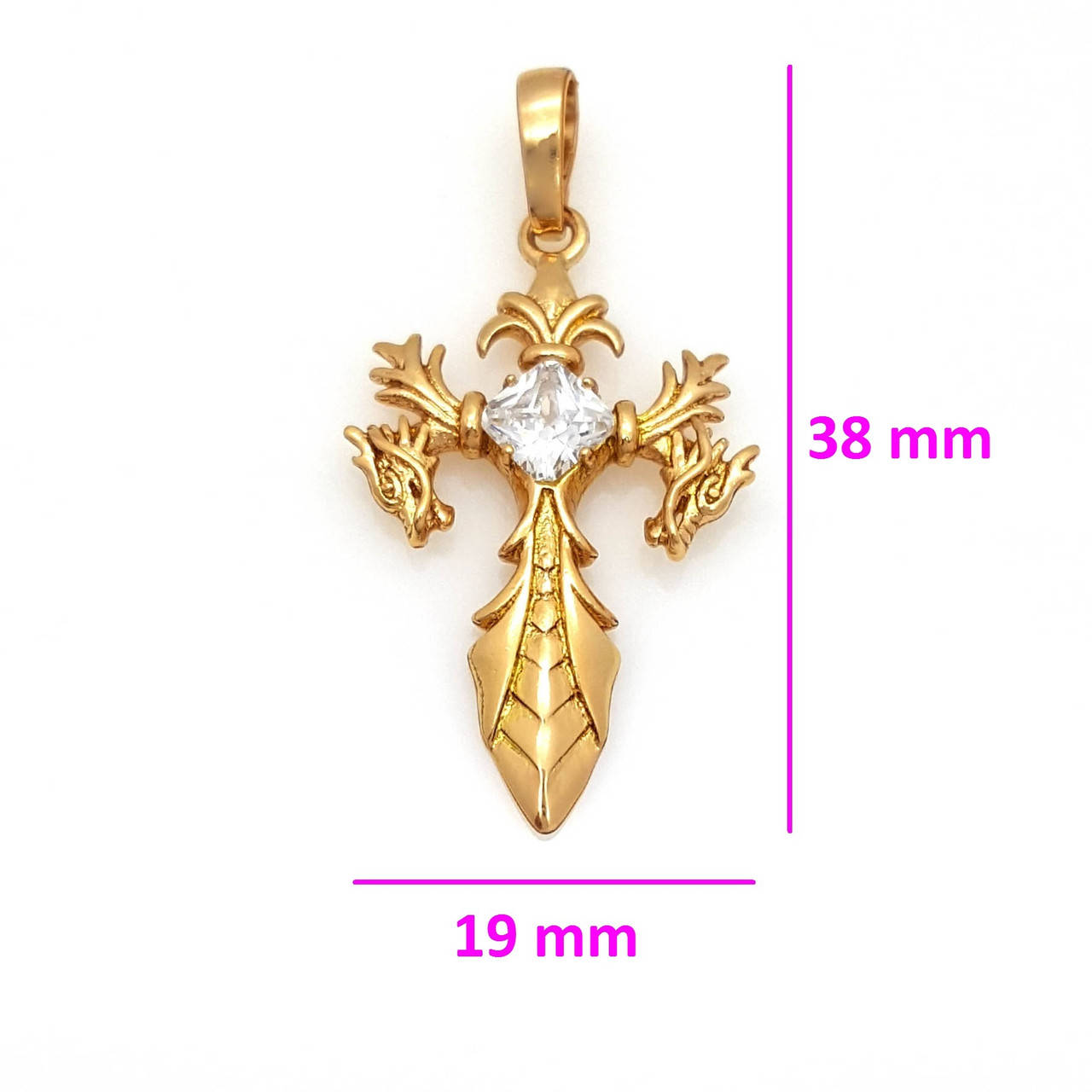 

Кулон Крест-Кинжал с головамы дракона, вставка цирконий, позолота