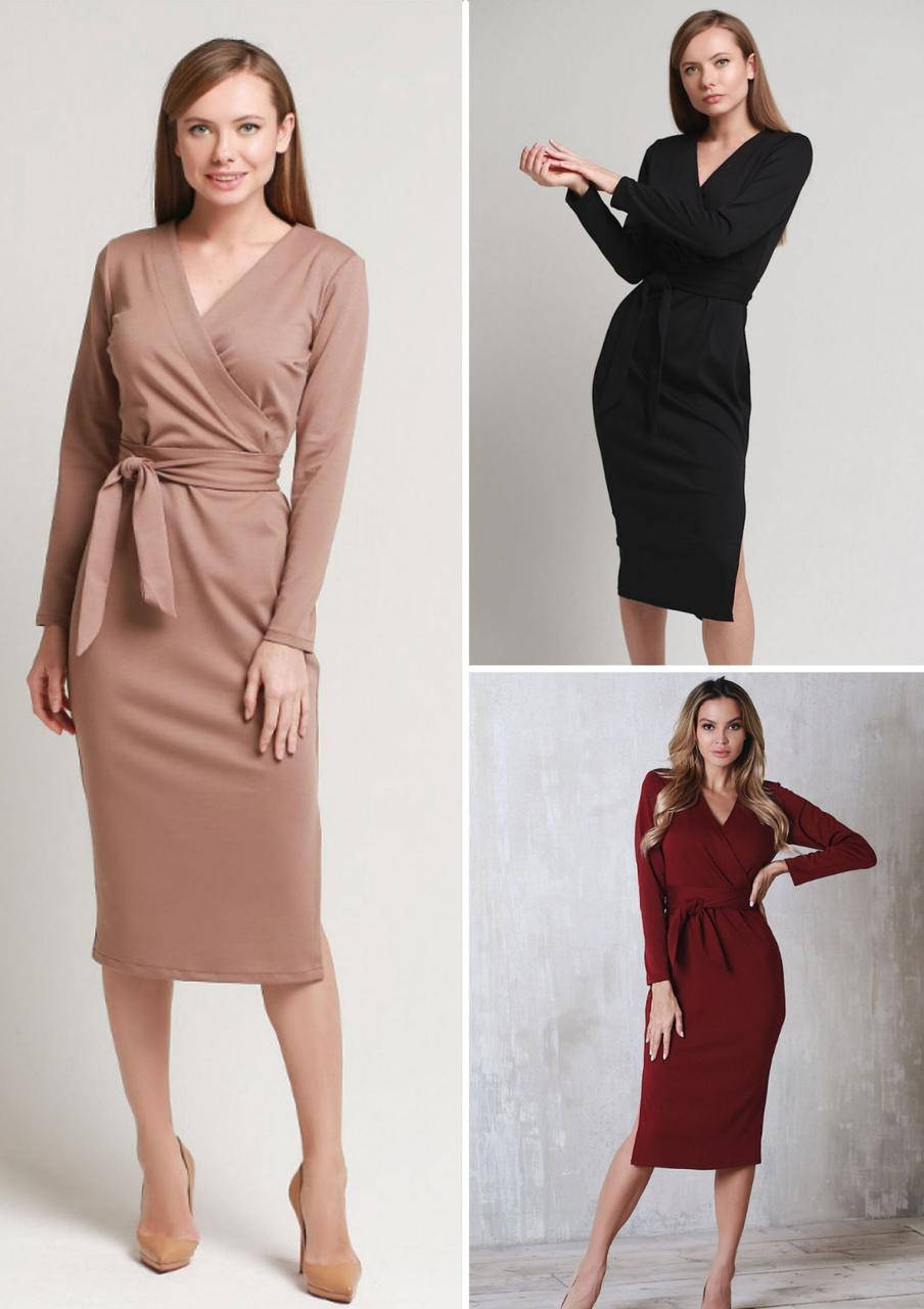 

Красивое классическое демисезонное платье с поясом Француз Капучино Черный Бордовый