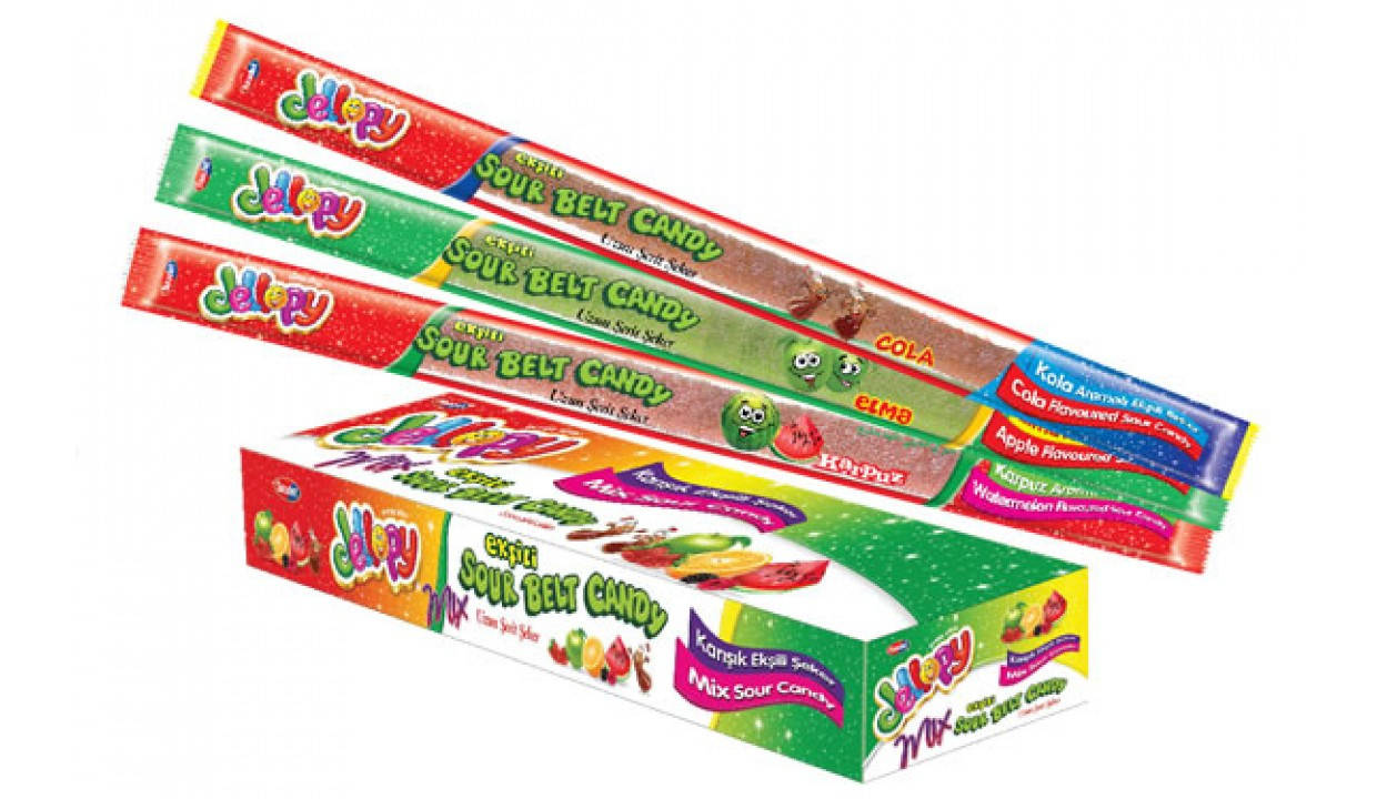 

Jellopy Mix Жевательные ленточки в сахаре микс 30g 72 штуки Saadet Турция