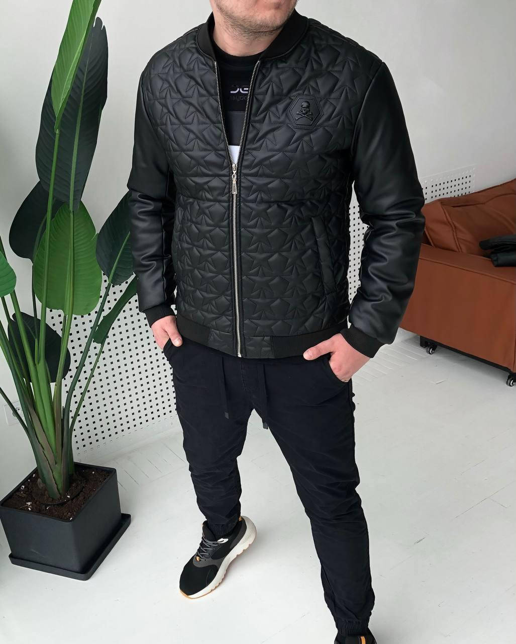

Мужской стильный кожаный Бомбер с узором звезд Phillip Plein black M