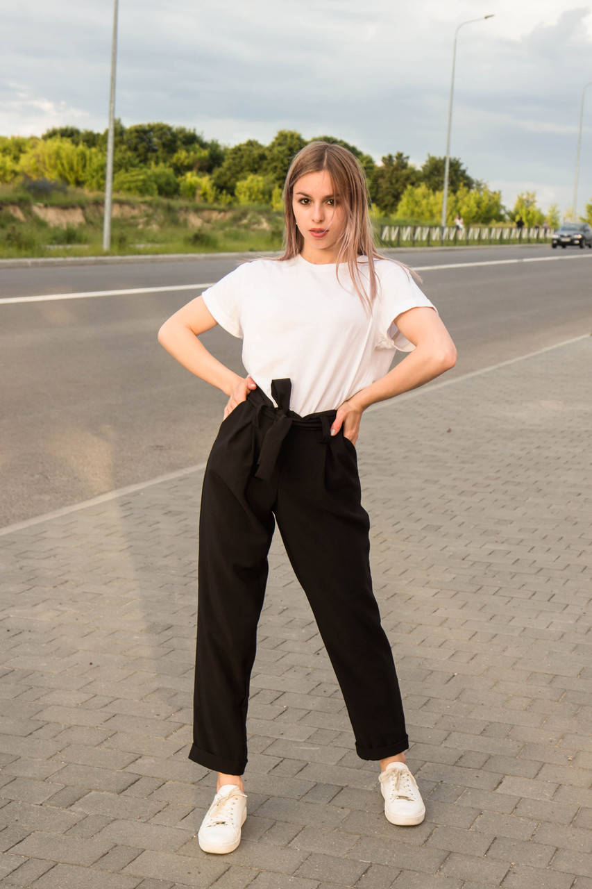 

Женские брюки чёрные с застёжкой укороченные с поясом|Брюки чёрные для девушек свободные|Брюки для девочек, Черный