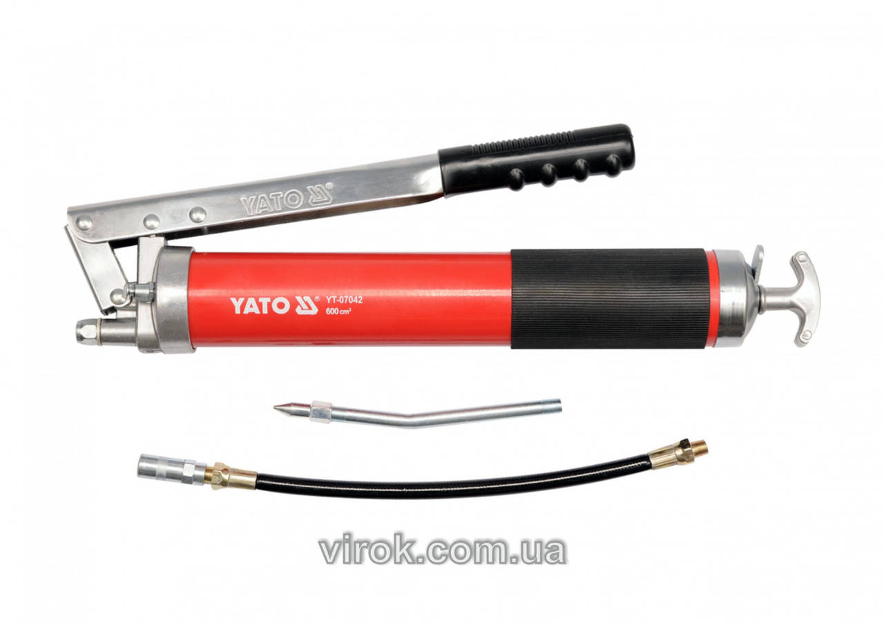 

Шприц мастильний з жорстк. і гнучк. аплікаторами YATO, 600 см³, 27-41 Mpa YT-07042