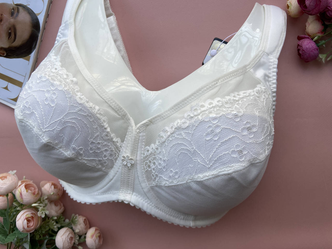 

80-85-90F Кружевной бюстгальтер больших размеров на чашку F, большой лифчик с сеточкой без поролона, Молочный