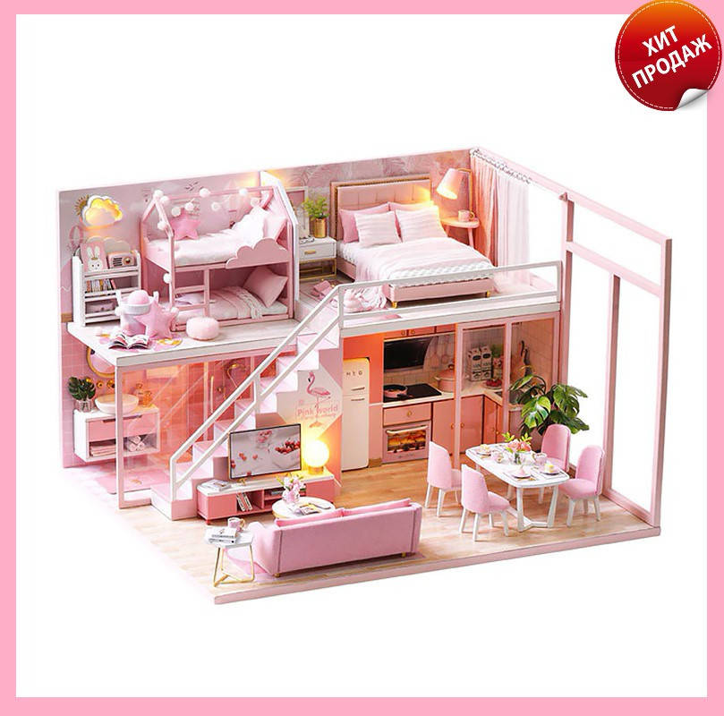 

3D Румбокс кукольный дом DIY Cute Room L-027 Pink house детский конструктор, Розовый