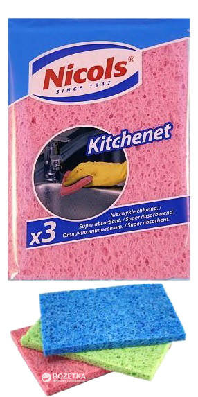 

Кухонна губка Nicols Kitchenet целюлозна Супервбираюча 3шт, Красный