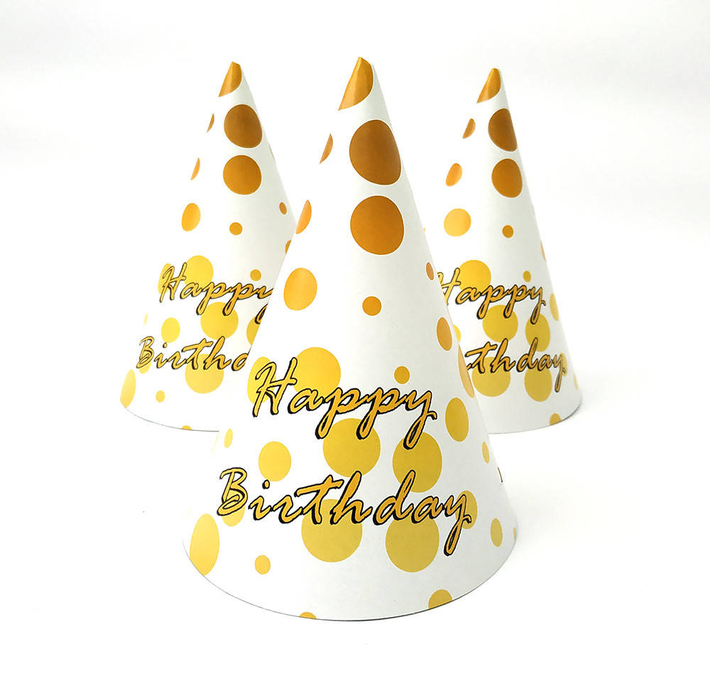 

Колпак праздничный 15 см, "Happy Birthday золотой горошек"