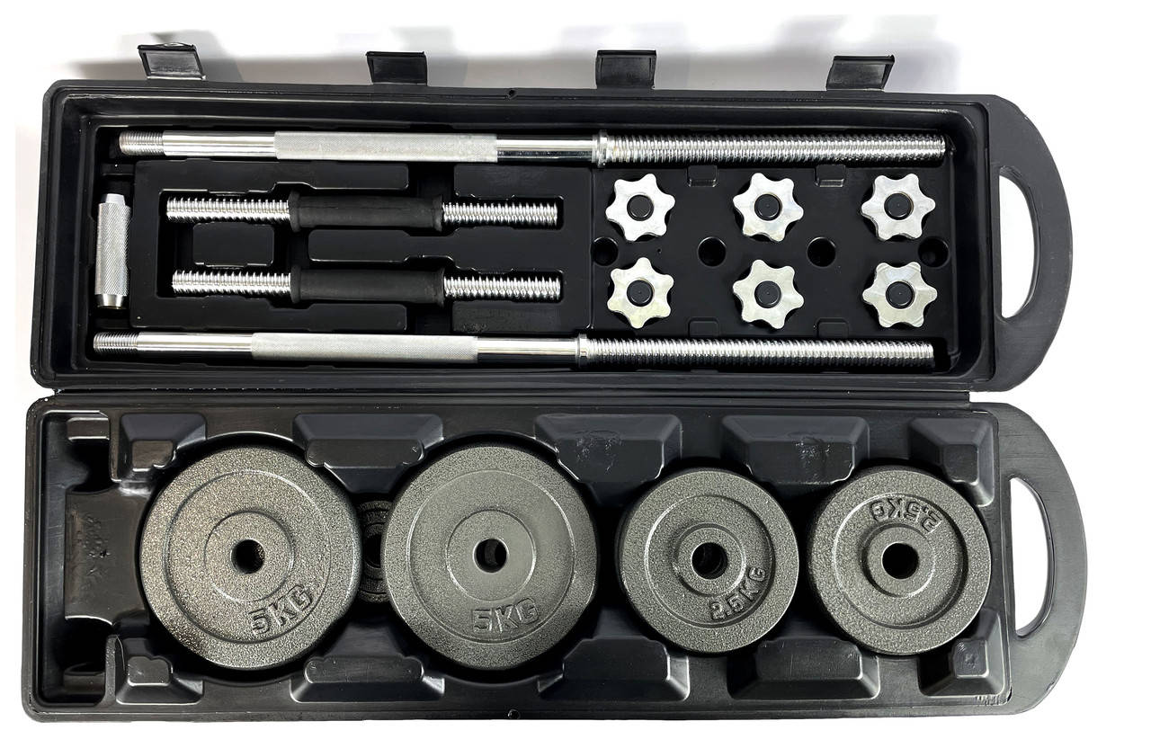 

Комплект Premium - штанга + гантели металлические - 50 кг в подарочном кейсе, Черный